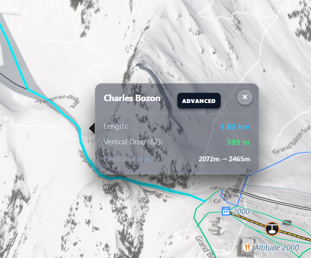 Ski piste popup with length and vertical drop
