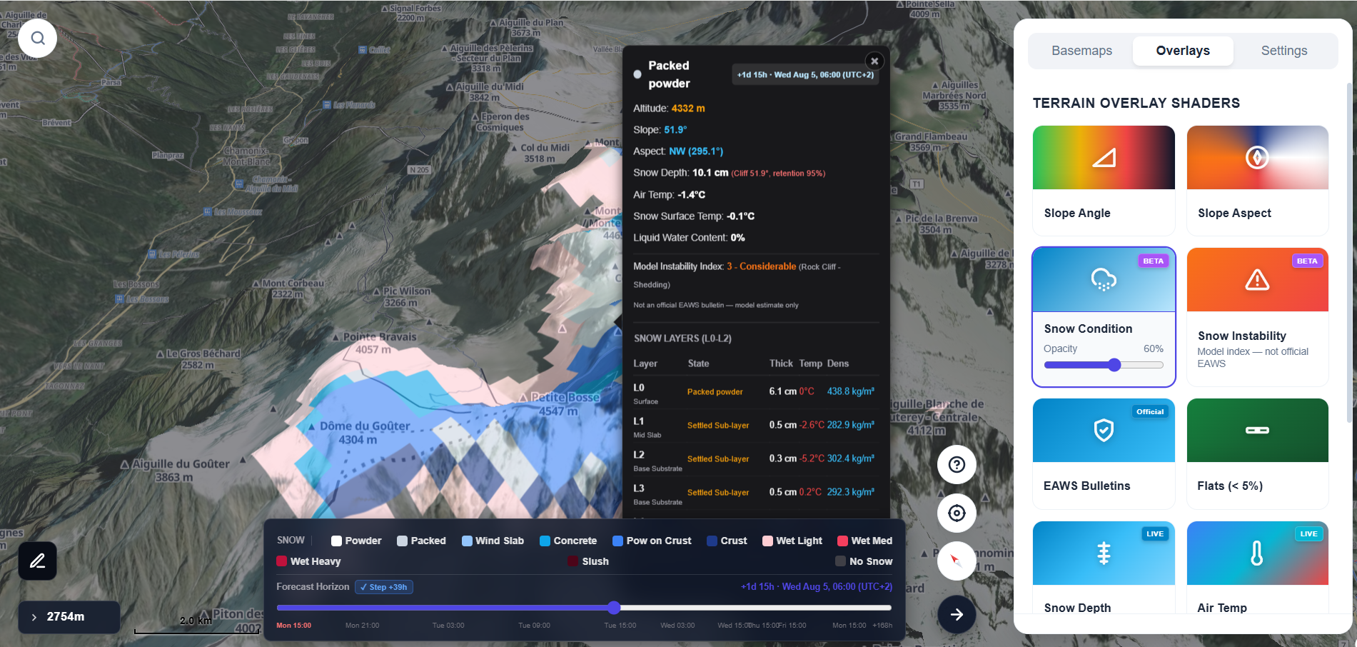 Snow condition overlay on Mont Blanc